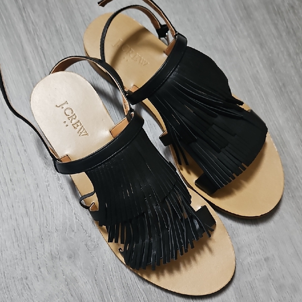 J. Crew Factory Black Leather Fringe Sandals